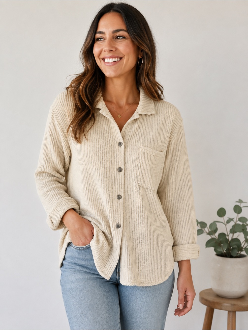 Vintage Chico's 100% cotton Cream Waffle-Knit Button-Down Shirt L